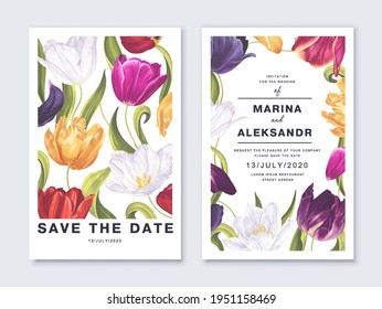 Template for cards, wedding invitations, posters, advertising banners with spring tulip flowers. Realistic, multi-colored, vector hand-drawn flowers, petals and leaves for your design. Place for text