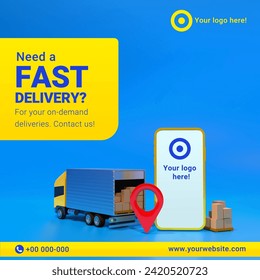 TEMPLATE - Cargo 3d Logistic application service concept, Global logistics network, smartphone, and packaging on white background. 3d render illustration, delivery, ecommerce, Editable Layers. EPS