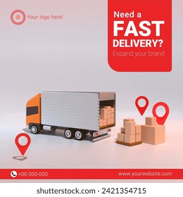 TEMPLATE - Cargo 3d Logistic application service concept, Global logistics network, smartphone, and packaging on white background. 3d render illustration, delivery, ecommerce, Editable Layers. EPS