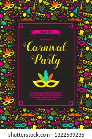 Template of Carnival Party invitation with text and colorful texture with serpentines. Vector