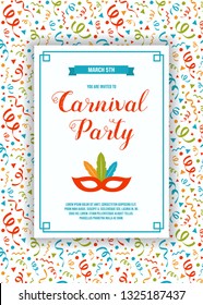 Template of Carnival Party invitation with text and colorful texture with serpentines. Vector