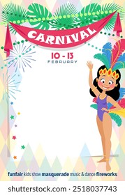 Cartaz de carnaval modelo com bonitinha menina brasileira vestindo um traje de bailarina de samba.  Local da mensagem de texto. Ilustração vetorial.