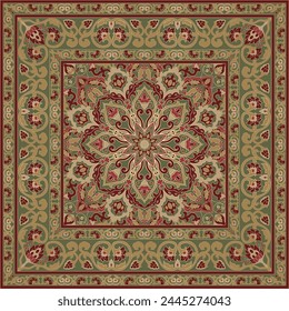 Template for carpet, textile, cushion, scarf. Oriental floral ornament with frame. Vector pattern with ornamental flowers.