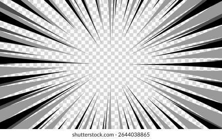 A template for cartoon comics. Black and gray rays for comics on a transparent background. Pop art style template for superhero text in comics, speech bubble, message. Vector EPS 10.