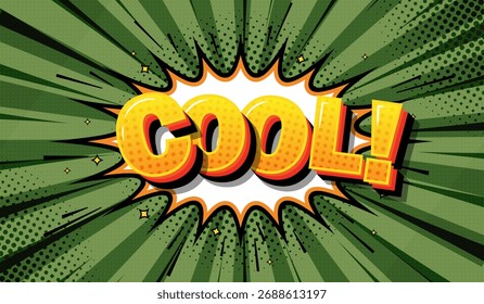 A template for cartoon comics with the text "cool" in a speech bubble, green radial rays. A pop art style template for comics, with a speech bubble and a message. Vector EPS 10.