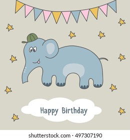 Template with cartoon elephant. Vector illustration. EPS8