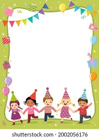 Template for with cartoon of happy kids holding hands for invitation or birthday party card.