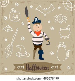Template with cartoon pirate for halloween. Vector illustration. EPS8