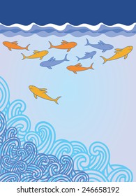 Template with cartoon sharks and waves. Vector illustration. 