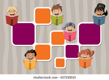 Plantilla con niños estudiantes de caricatura leyendo libros. Estudiantes.
