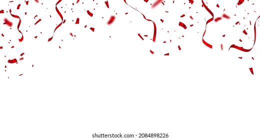 Plantilla para fondo de celebración con confeti y cinta roja.
