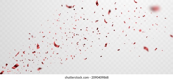 Template for celebration background with confetti and red ribbon.