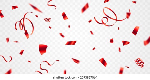 Template for celebration background with confetti and red ribbon.