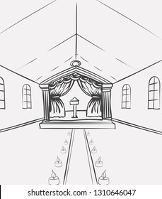 Template of celebration hall for event designers or wedding planners. Sketch vector illustration european view church indoor