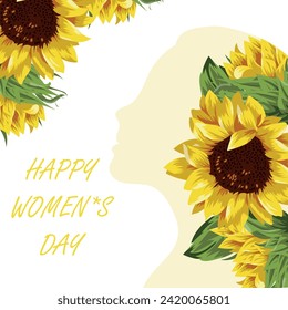 template for the celebration of International Women's Day, namely March 8, which consists of the image of a woman's face and open buds of yellow sunflowers and green leaves, for holiday cards