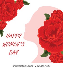 template for the celebration of International Women's Day, namely March 8, which consists of the image of a woman's face and open buds of red, ragged carnations and green leaves, for holiday cards