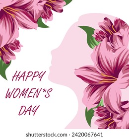 template for the celebration of International Women's Day, namely March 8, which consists of the image of a woman's face and open buds of pink lilies, closed buds and green leaves
