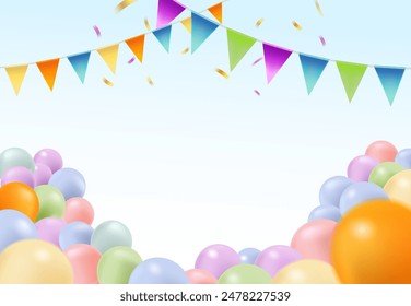 Vorlage für Feier, Party, Karneval oder Geburtstagsfeier mit Luftballons, Fahnengirlande und Folienkonfetti. Vektorillustration.