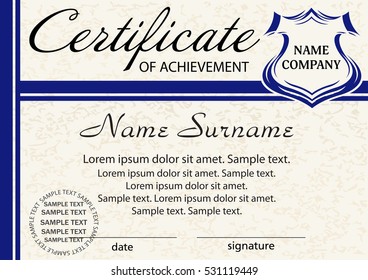 Template certificate of achievement. Elegant blue design. Vector illustration