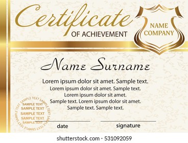 Template certificate of achievement. Elegant gold design. Vector illustration
