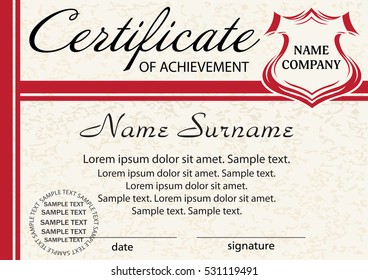 Template certificate of achievement. Elegant red design. Vector illustration