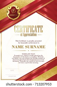 Template of Certificate of Appreciation with badge and with red and gold ribbons