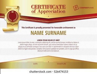 Template of Certificate of Appreciation with golden badge and elements, horizontal