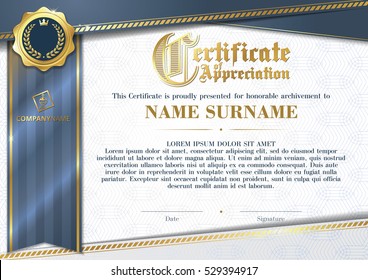 Template of Certificate of Appreciation with golden badge and blue ribbon, horizontal