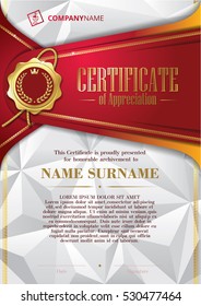 Template of Certificate of Appreciation with golden badge and triangular background, in red
