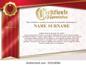 Template of Certificate of Appreciation with golden badge and red ribbon, horizontal