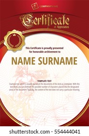 Template of Certificate  of Appreciation with golden badge and with god Hermes on the background. Red version.