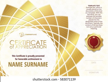 Template of Certificate of Appreciation with golden badge, with golden flower shaped elements. Horizontal version.