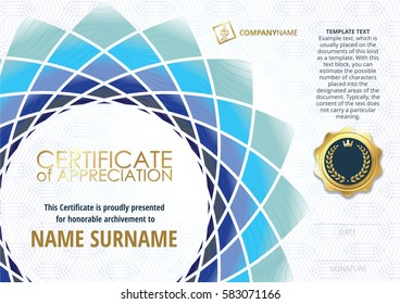 Template of Certificate of Appreciation with golden badge, with flower shaped elements of different shades of blue and greenish. Horizontal version.