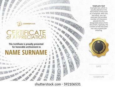 Template of Certificate of Appreciation with golden badge, with silver flower shaped elements, whit silver pattern. Horizontal version.