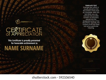Template of Certificate of Appreciation with golden badge, with dark brown flower shaped elements, whit pattern. Horizontal version.