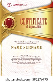 Template of Certificate of Appreciation with golden badge and patterned background, in gold