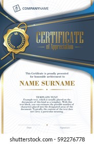 Template of Certificate of Appreciation with golden badge and patterned background, in blue