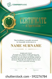 Template of Certificate of Appreciation with golden badge and patterned background, in green