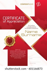 Template of Certificate of Appreciation with golden badge and elements in the form of arrows, in red