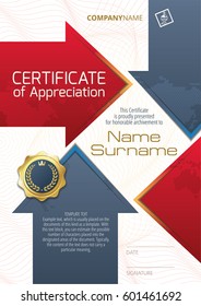 Template of Certificate of Appreciation with golden badge and elements in the form of arrows, in blue and red