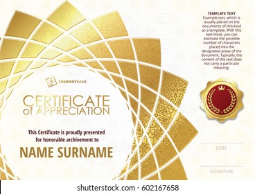 Template of Certificate of Appreciation with golden badge, with golden flower shaped elements, whit gold oriental pattern. Horizontal version.