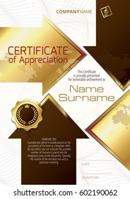 Template of Certificate of Appreciation with golden badge and elements in the form of arrows, in brown and gold