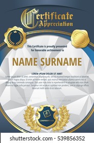 Template of Certificate of Appreciation with three golden badges, gold wreath, triangular background and blue round frame
