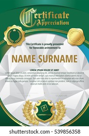 Template of Certificate of Appreciation with three golden badges, gold wreath, triangular background and green round frame