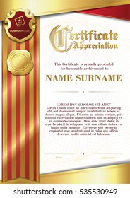 Template of Certificate of Appreciation with two golden badges and with red and gold ribbon