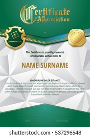 Template of Certificate of Appreciation with two golden badges and with green elements