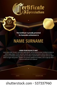 Template of Certificate of Appreciation with two golden badges and dark brown elements