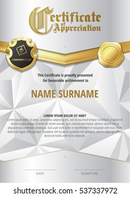 Template of Certificate of Appreciation with two golden badges and with silver elements