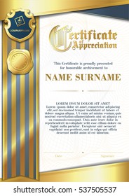 Template of Certificate of Appreciation with two golden badges and with blue and gold ribbon