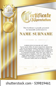 Template of Certificate of Appreciation with two golden badges and with silver and gold ribbon